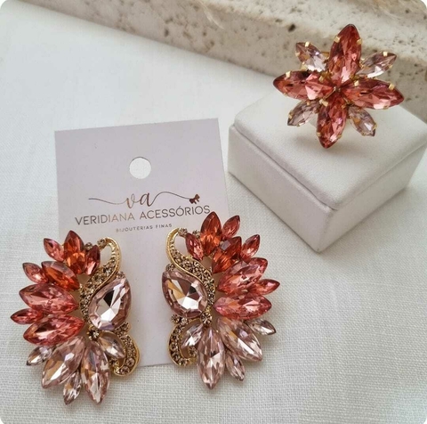 Conjunto de Brincos e Anel Regulável Dourado com Pedras de Resina CJ230