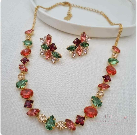 Conjunto de Colar e Brincos em Banho Dourado com Pedras de Zircônia e Resina CJ138