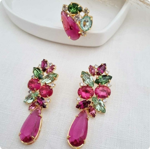 Conjunto de Brinco e Anel em Banho Dourado com pedrarias coloridas CJ200