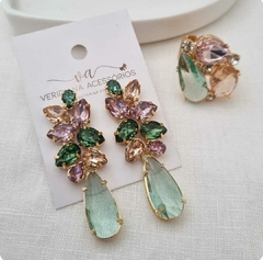 Conjunto de Brincos e Anel em Banho Dourado com pedras verde menta CJ093 - comprar online
