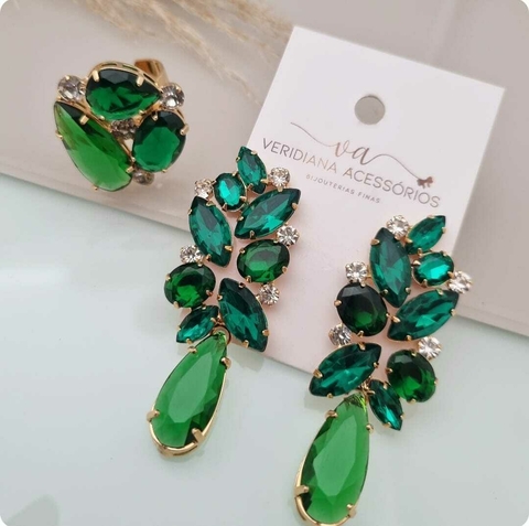 Conjunto de Brincos e Anel dourado Pedras Esmeralda CJ059