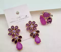 CJ385 - Conjunto de Brincos e Anel com Cristais Roxos e Detalhes Florais - comprar online