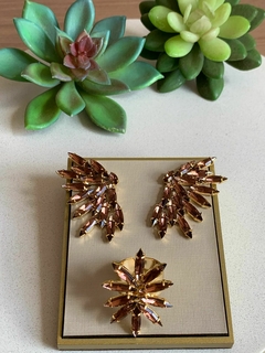 Conjunto de Brincos e Anel em Banho Dourado e pedras em resina Cj 465 - comprar online
