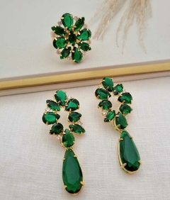 CJ388 - Conjunto Verde Elegante com Cristais em Banho Dourado na internet