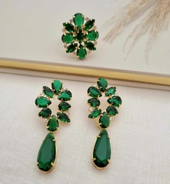 CJ388 - Conjunto Verde Elegante com Cristais em Banho Dourado - Veridiana Acessórios