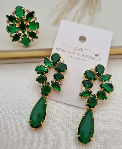 CJ388 - Conjunto Verde Elegante com Cristais em Banho Dourado - comprar online