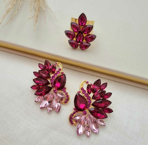 Conjunto de Brincos e Anel Dourado com Pedras de Resina CJ 184 - comprar online