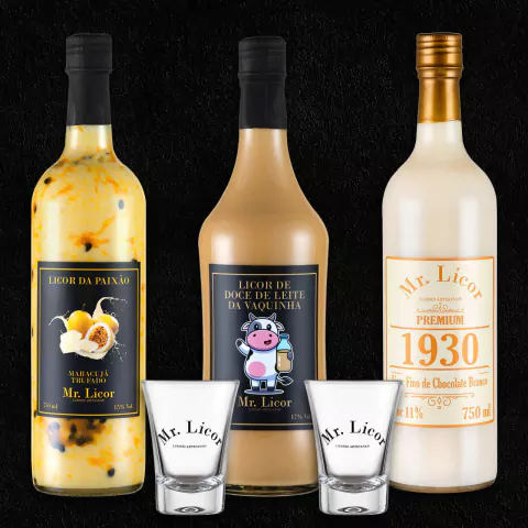 Kit 03 garrafas Licor de Maracujá Trufado | Doce de Leite | Chocolate Branco – 750ml + 2 Copinhos Shot 60ml