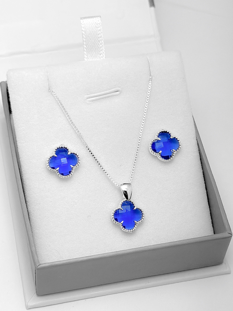 Conjunto trevo azul marinho Virgínia semijoia folheada a prata. - comprar online