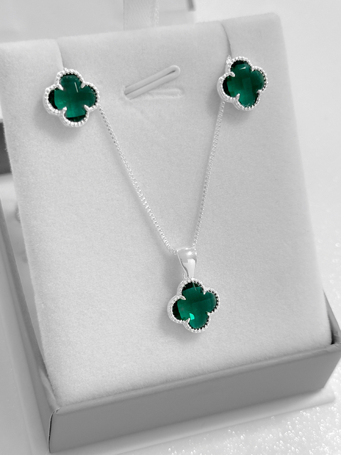 Conjunto trevo verde Virgínia semijoia folheada a prata. - comprar online