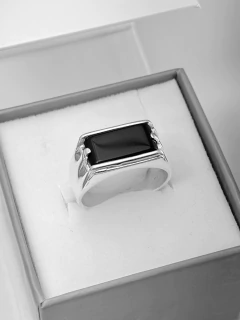 Anel comendador pedra preta masculino prata 925. - comprar online