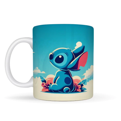 Caneca branca com estampa personalizada do personagem stitch sentado em um fundo azul com flores