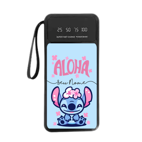 Carregador portátil preto com capacidade de 20.000mAh, display digital de carga e estampa personalizada com personagem Stitch sorridente e flores rosas, texto "ALOHA seu Nome" em fundo azul claro