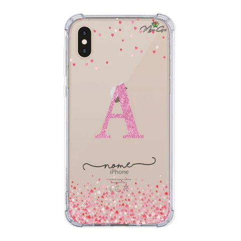 Capa para iPhone Xs Personalizada Amor Chuva de Corações com Inicial Transparente