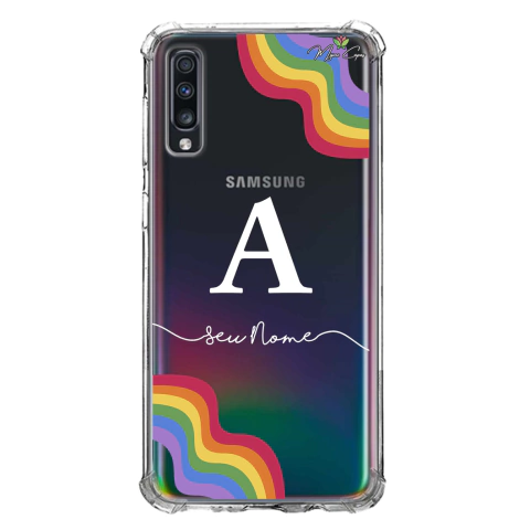 Capa para Galaxy A70 Personalizada Arco-Íris com Inicial Transparente