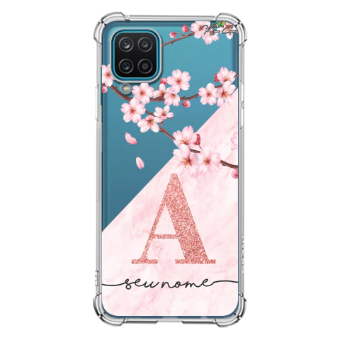 Capa para Galaxy M32 Personalizada Flores de Cerejeira com Inicial Rosa