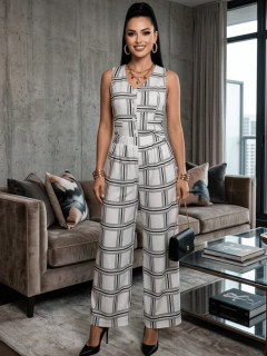 Conjunto de Mujer de Dos Piezas | Chaleco sin Mangas y Pantalón de Pierna Ancha | Set Estampado con Botones y Corte Recto - comprar en línea