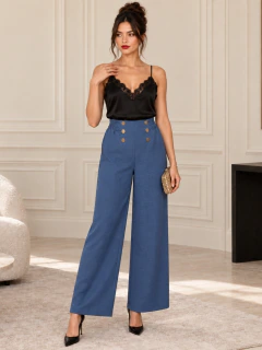 Pantalón de Mujer Palazzo, Tiro Alto, Pierna Ancha y Botones Elegantes - tienda en línea