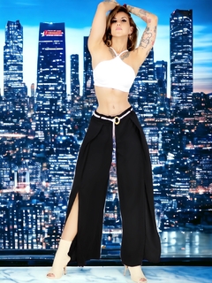 Pantalones palazzo anchos de pierna ancha para mujer, pantalones sólidos con volantes y cinturón decorativo en internet