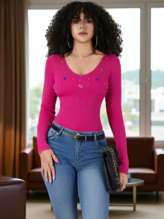 Imagen de Suéter Mujer Cuello V brillos y Pedrería Moda Casual Chic