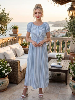Vestido Largo Midi Rayado con Mangas Abullonadas, Cintura Elastizada y Falda Fluida para Mujer