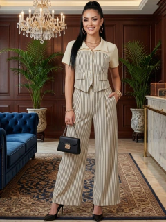 Conjunto de Mujer 2 Piezas | Pantalón Recto de Tiro Alto y Blusa Tipo Chaleco con Cuello | Set Elegante Rayado para Oficina y Casual - comprar en línea
