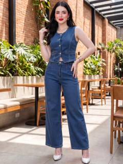 Conjunto de Mezclilla para Mujer 2 Piezas | Chaleco con Botones y Pantalón Wide Leg de Tiro Alto | Casual Elegante - comprar en línea
