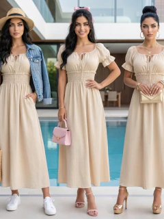 Vestido Midi Campesino Mujer con Hombros Descubiertos y Cintura Smock - MALABIS