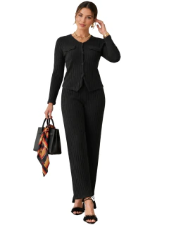 Conjunto Mujer 2 Piezas Tejido Acanalado | Suéter + Pantalón Pierna Ancha | Sets Outfits Elegantes - MALABIS