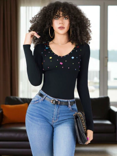 Imagen de Suéter Mujer Cuello V brillos y Pedrería Moda Casual Chic