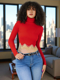 Suéter Mujer Corto Metalizado Cuello Alto Estilo Chic en internet