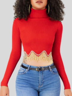 Suéter Mujer Corto Metalizado Cuello Alto Estilo Chic