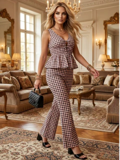 Conjunto para Mujer 2 Piezas | Blusa Peplum con Escote y Pantalón Acampanado | Set Casual Estampado Cuadros - comprar en línea