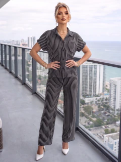 Conjunto Palazzo Acanalado de Dos Piezas con Camisa de Manga Corta y Pantalón Recto de Corte Suelto - comprar en línea