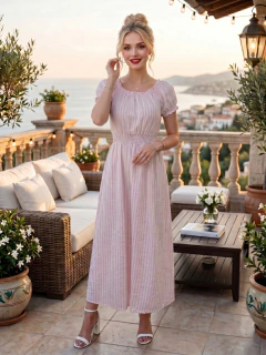 Vestido Largo Midi Rayado con Mangas Abullonadas, Cintura Elastizada y Falda Fluida para Mujer - comprar en línea
