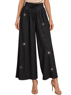 Pantalón de Pierna Ancha con Brillos, Tiro Alto y Lazo, Elegante y Sofisticado para Mujer - MALABIS