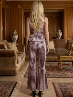 Imagen de Conjunto para Mujer 2 Piezas | Blusa Peplum con Escote y Pantalón Acampanado | Set Casual Estampado Cuadros