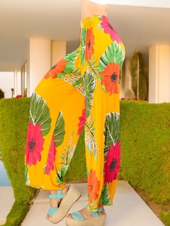 Pantalones de pierna ancha stretch con estampado y diseño plisado - tienda en línea