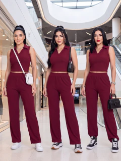 Conjunto Casual para Mujer 2 Piezas con Top sin Mangas Tipo Polo y Pantalón Palazzo Tela Acanalada Stretch - tienda en línea