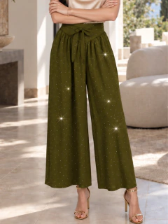 Pantalón de Pierna Ancha con Brillos, Tiro Alto y Lazo, Elegante y Sofisticado para Mujer - comprar en línea