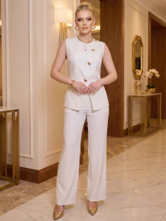 Conjunto de Pantalón y Blusa Sin Mangas para Mujer con Botones Decorativos y Corte Recto - MALABIS