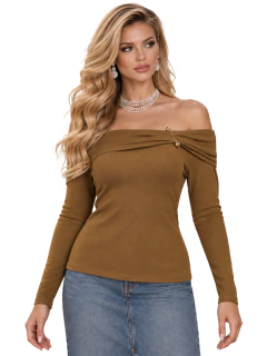 Blusa Elegante para Mujer, Escote Bardot con Detalle Metálico, Manga Larga, Casual y Sexy - MALABIS