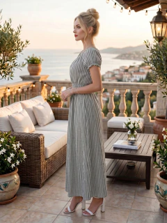 Vestido Largo Midi Rayado con Mangas Abullonadas, Cintura Elastizada y Falda Fluida para Mujer