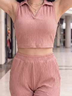 Imagen de Conjunto Casual para Mujer 2 Piezas con Top sin Mangas Tipo Polo y Pantalón Palazzo Tela Acanalada Stretch