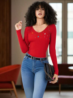 Suéter Mujer Cuello V brillos y Pedrería Moda Casual Chic - comprar en línea