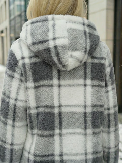 Imagen de Abrigo Largo de cuadros para Mujer con Capucha, cardigan de cuadros, Chamarra Invierno Casual Elegante – Abrigo Acolchonado para Clima Frío