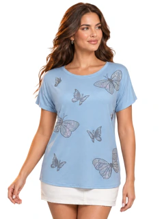 Blusa Casual para Mujer con Estampado de Mariposas, Manga Corta y Cuello Redondo, Estilo Chic y Femenino