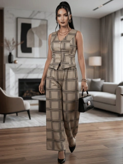 Conjunto de Mujer de Dos Piezas | Chaleco sin Mangas y Pantalón de Pierna Ancha | Set Estampado con Botones y Corte Recto - MALABIS