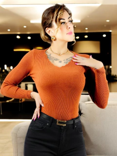 Imagen de Sueter Cuello V De Mujer Sueteres De Punto Acanalado Dama Sweaters