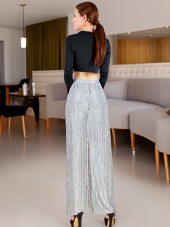 Pantalones de mujer palazzo de pierna ancha, pantalones sólidos con colores metálicos elegantes de dama - comprar en línea